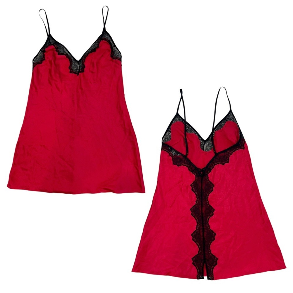 Victoria's Secret Red Satin Black Lace Trim Slip Chemise Dress Y2K - Medium